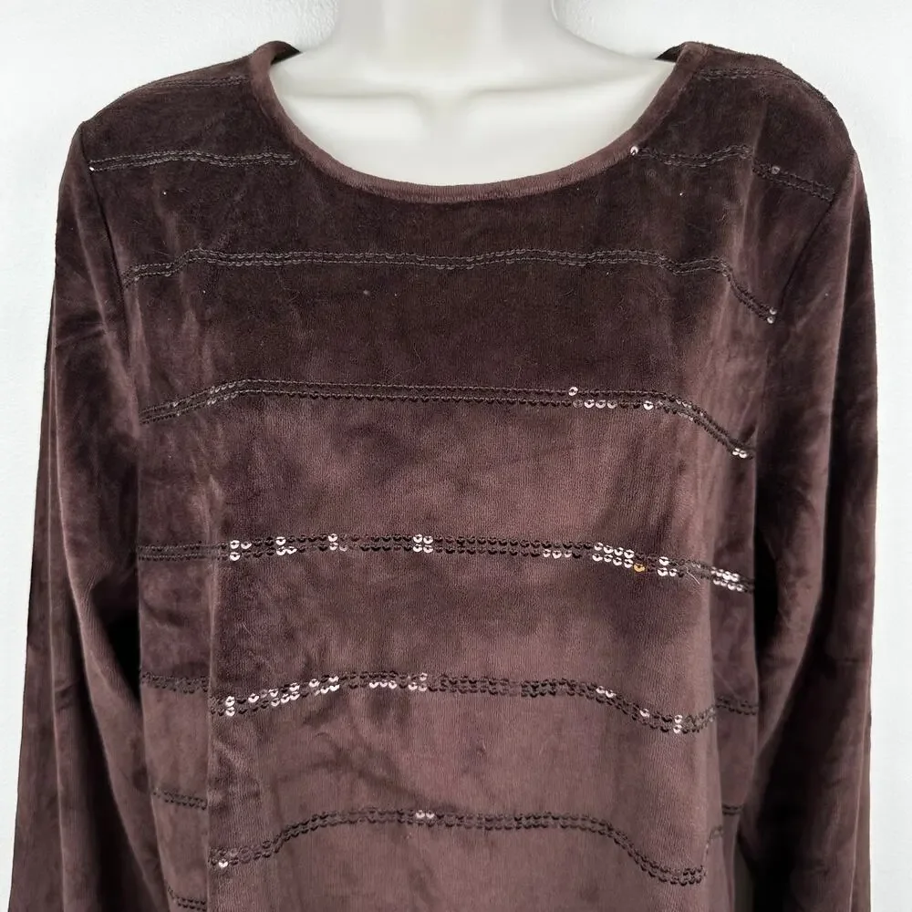 Quacker Factory Blouse Top Velour Velvet Stripe Sequins Long Sleeve Brown L